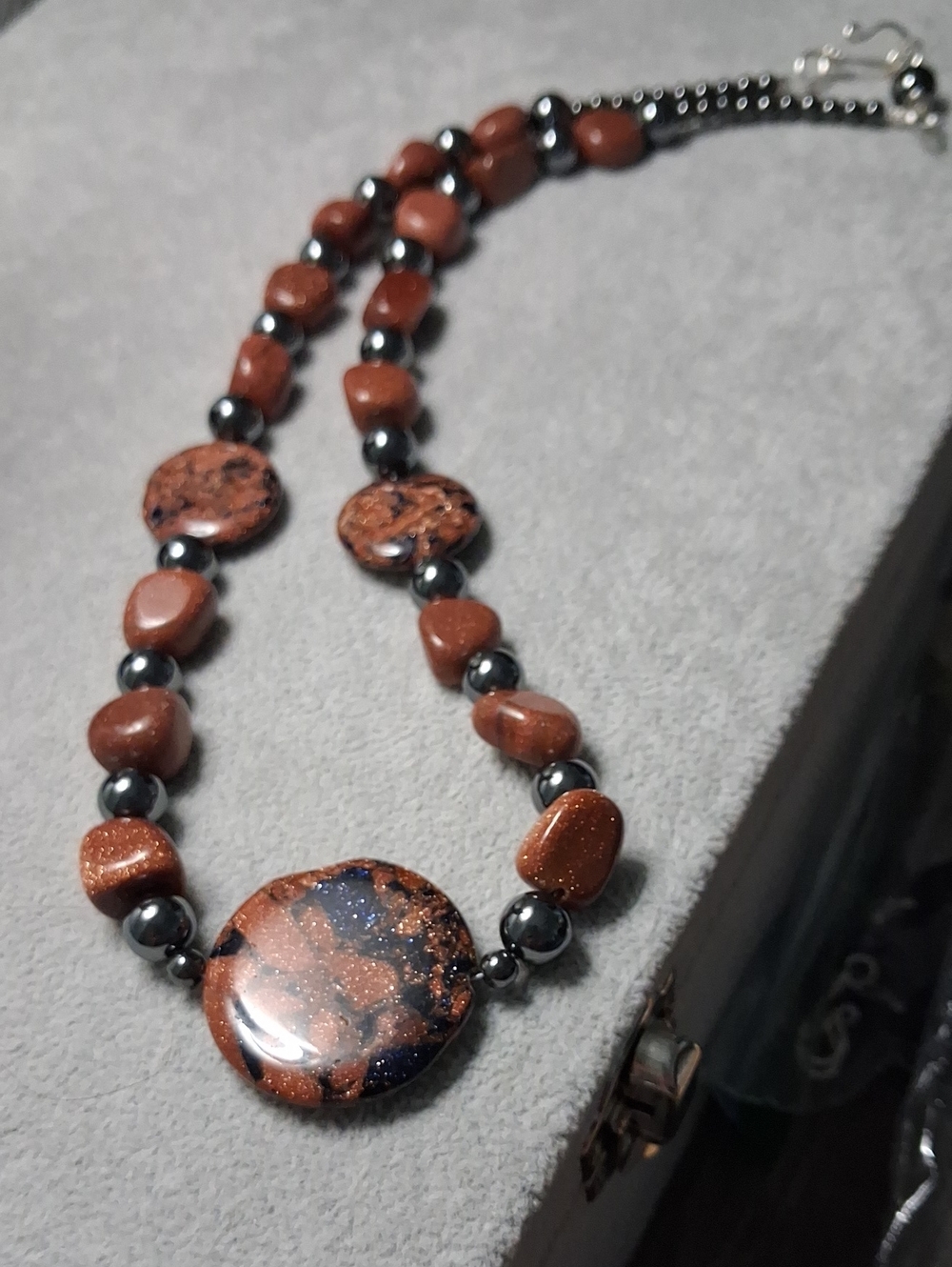 Handcrafted Brown Goldstone  Hematite Bead Necklace Women's Jewelry Handmade 21"